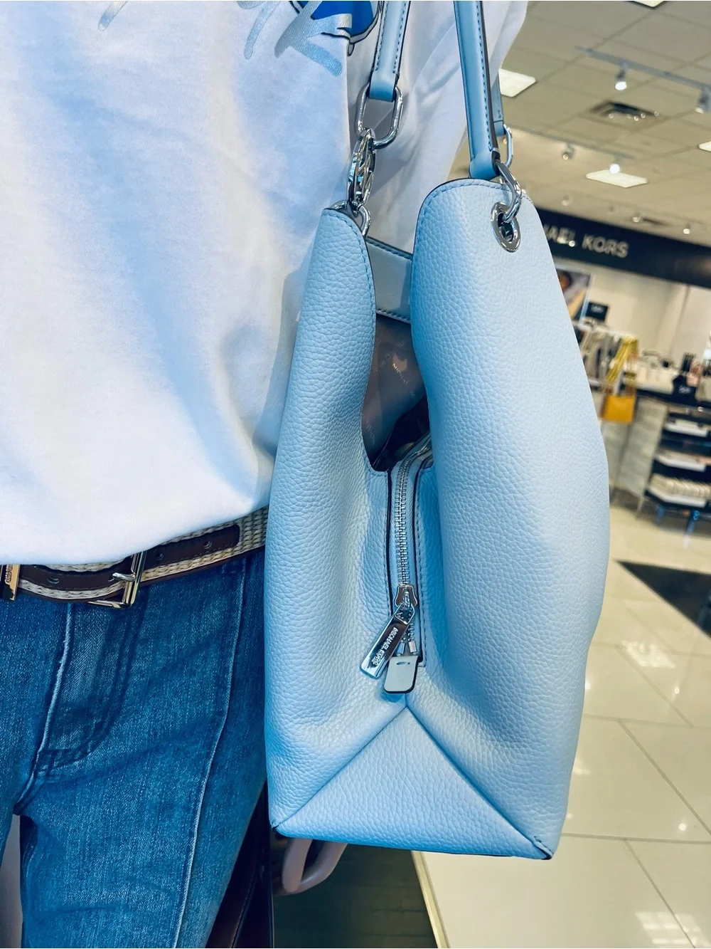 Michael Kors Christina Large Pebbled Leather Shoulder Bag Pale Ocean  NWT